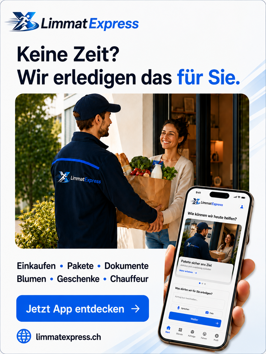 Limmat Express Kurier übergibt eine Einkaufstasche – daneben die Limmat Express App auf dem iPhone